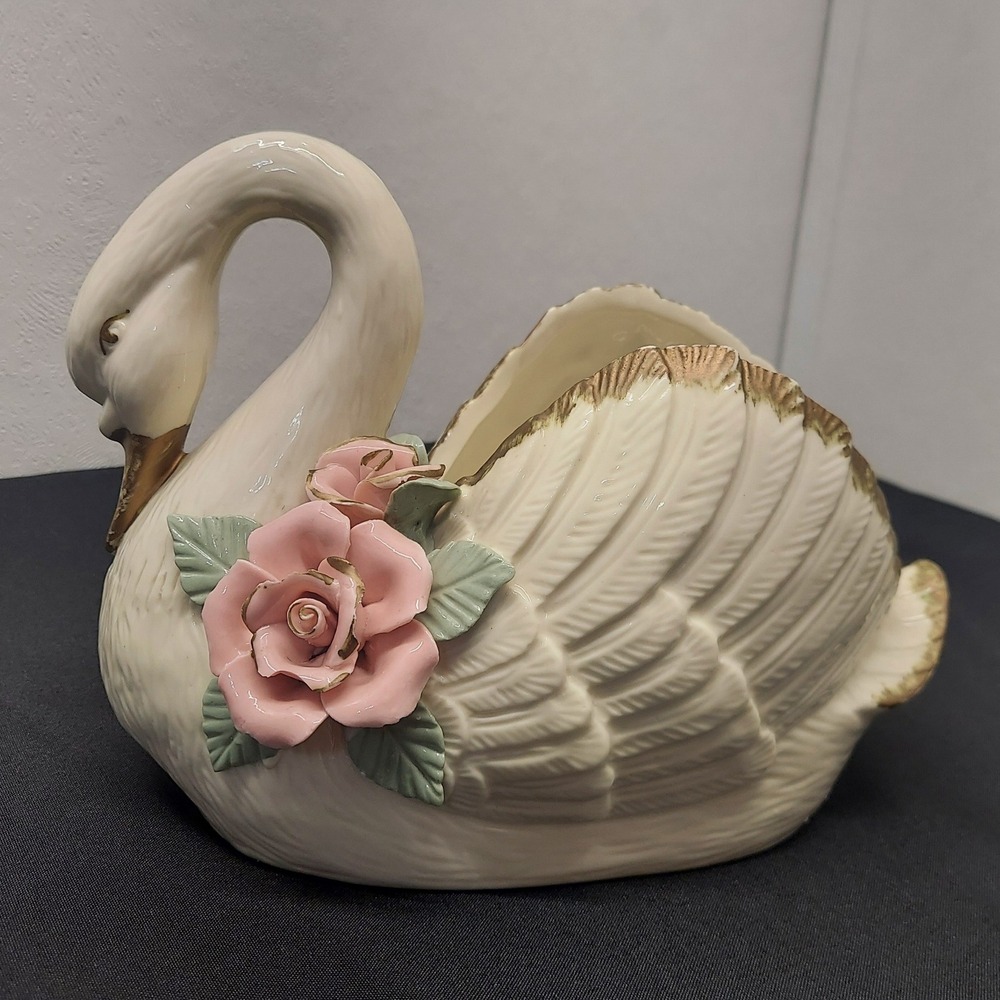 Vintage Ceramic Swan Planter Cream Gold Trim Pink 3D Roses Cottagecore Decor